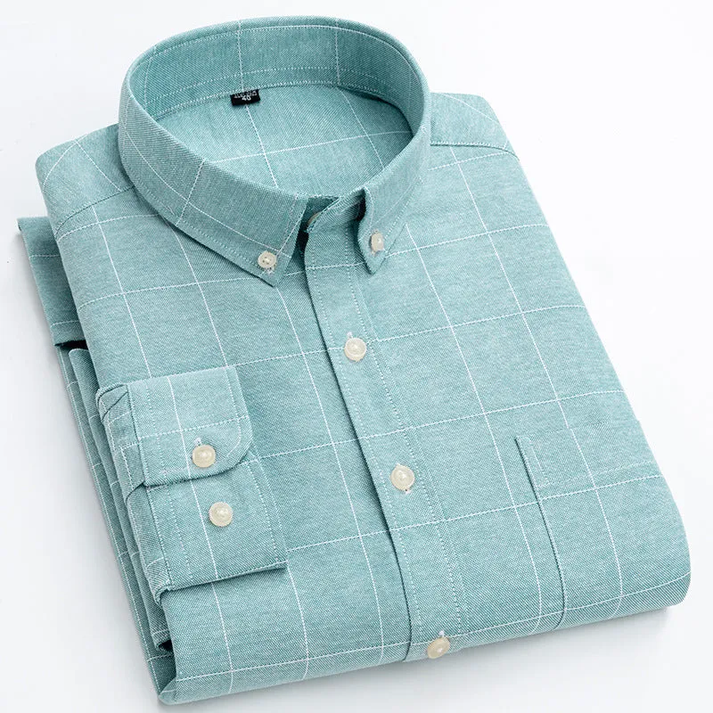 INSTOCK-Men’s Long-Sleeved Striped Plaid Oxford Shirt – Casual