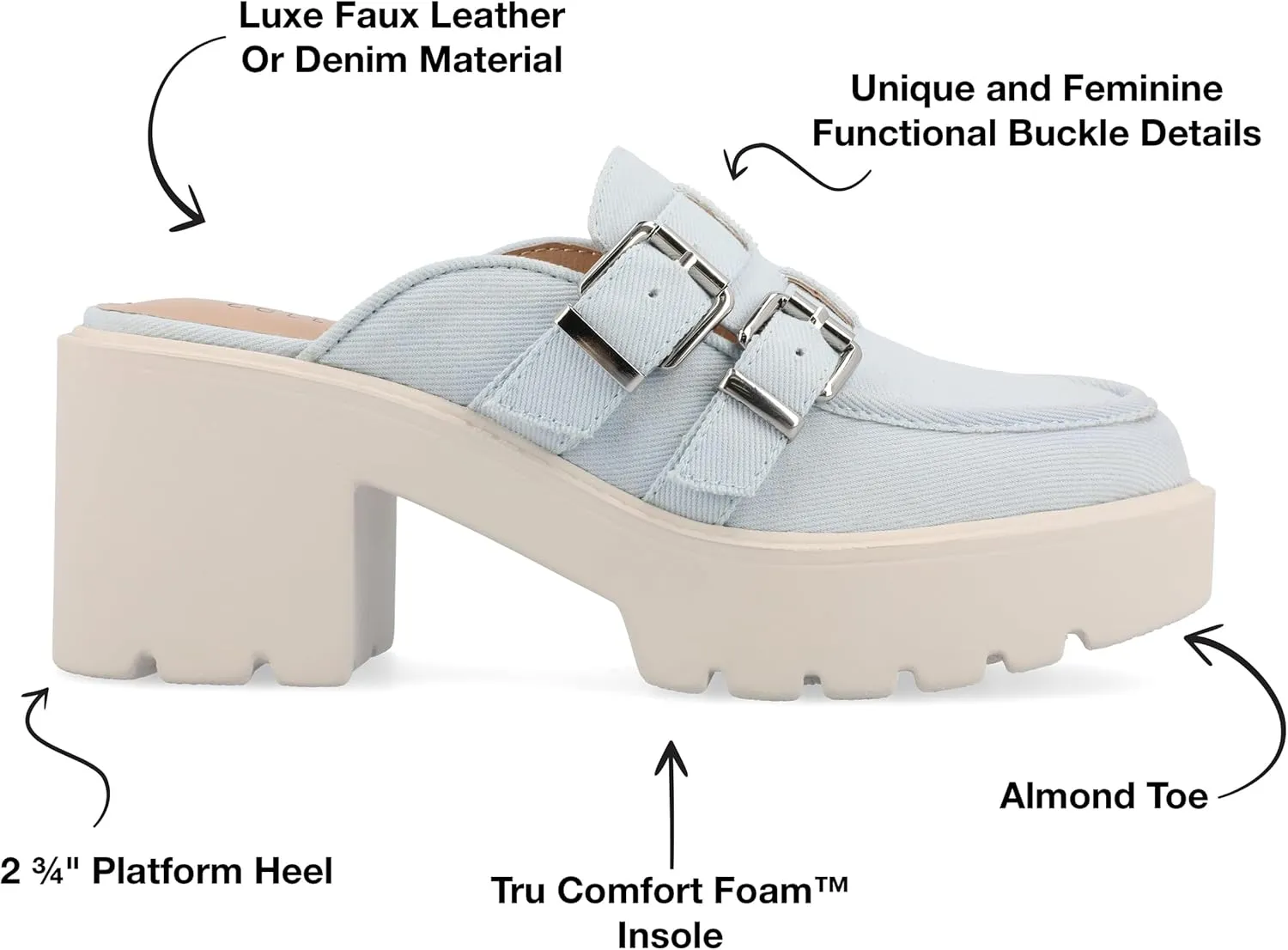 Journee Womens Light Weight Platform Mule Slip On Almond Toe Block Heel Buckle Brydie Comfort Foam Pumps