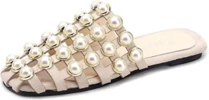 KCTRFSJ Women's Pearl Hollow Out Closed Toe Flat Mule Slides,Summer Fashion Square Toe Slip-on Checkered Backless Sandals Comfortable Casual Dress Beach Slippers