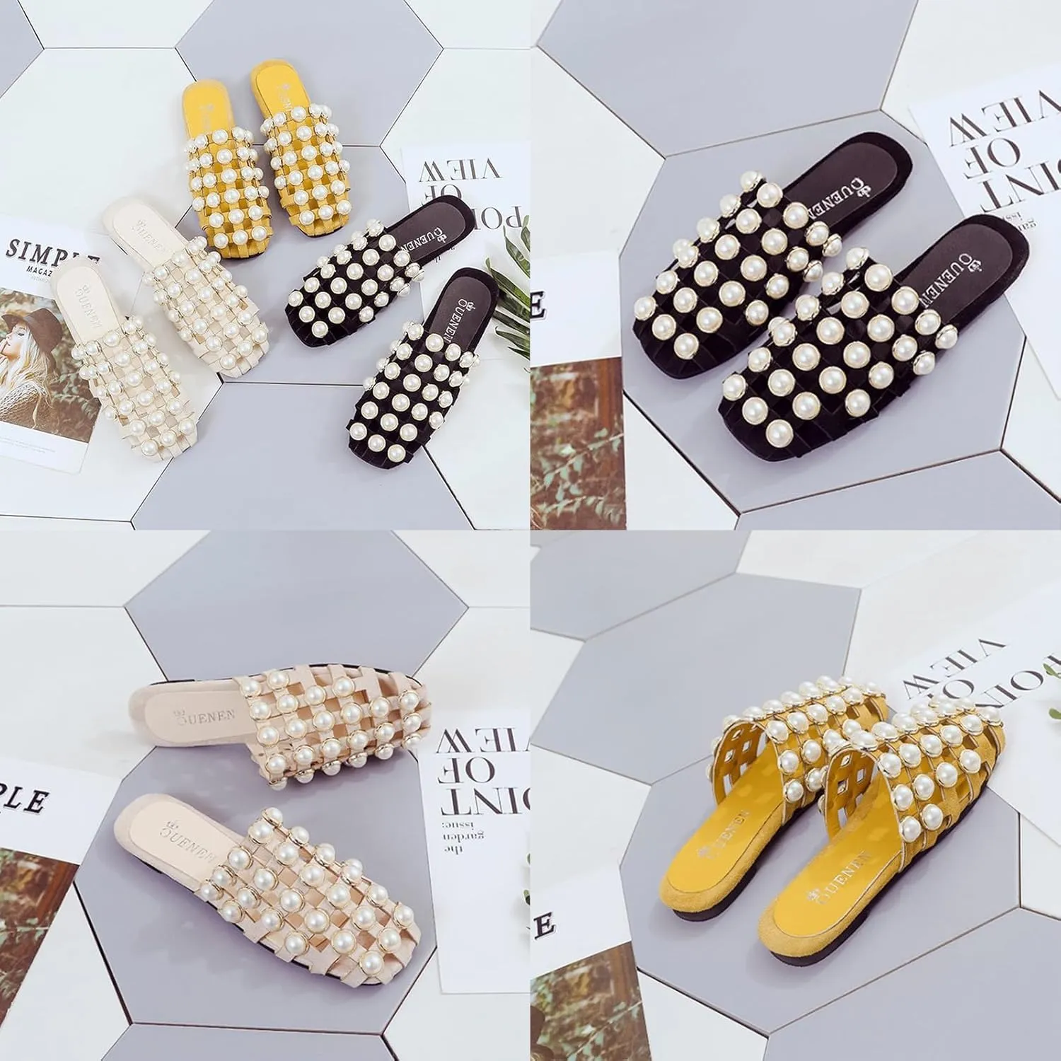 KCTRFSJ Women's Pearl Hollow Out Closed Toe Flat Mule Slides,Summer Fashion Square Toe Slip-on Checkered Backless Sandals Comfortable Casual Dress Beach Slippers
