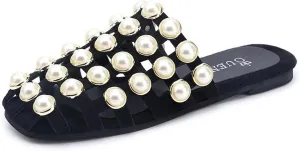 KCTRFSJ Women's Pearl Hollow Out Closed Toe Flat Mule Slides,Summer Fashion Square Toe Slip-on Checkered Backless Sandals Comfortable Casual Dress Beach Slippers