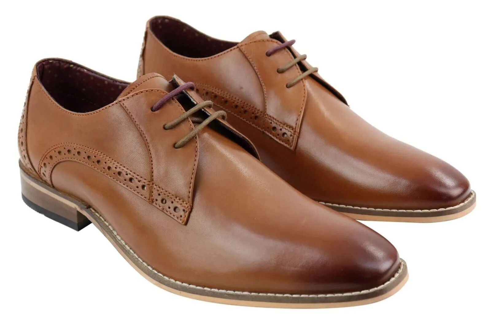 Mens Classic Oxford Brogue Derby Shoes in Tan Leather