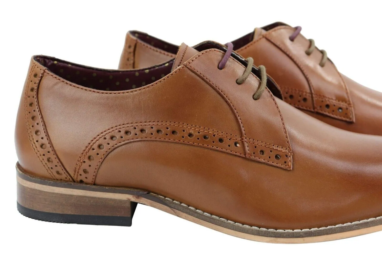Mens Classic Oxford Brogue Derby Shoes in Tan Leather