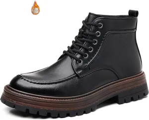 Men's Leather Chunky Platform Chukka Boots Round Toe Lace-up Warm Fur Lined Lug Sole Waterproof Non-slip Oxford Ankle Boots Vintage Fashion Motorcycle Booties