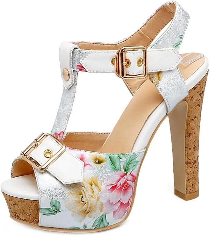 MIOKE Women's Floral Platform Chunky Block Heel Sandals Peep Toe T-Strap Buckle Cork High Heeled Sandal