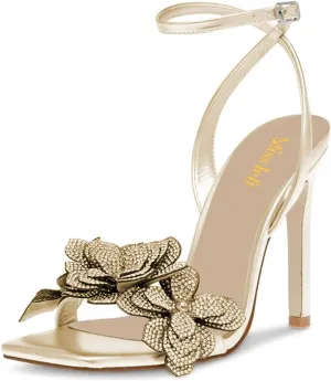miss left Women Rhinestones Stiletto Heel Sandals with Strap Buckles Flower Embellished Open Square Toe High Heels Pumps Chic Wedding Event Dress Shoes Size 4-16 US