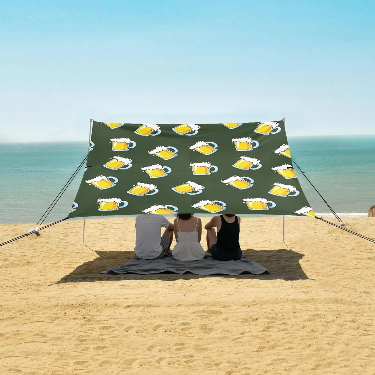 Mug of Beer Pattern Beach Canopy Tent Anti-UV & Wind Resistant, Camping Sun Shelter Easy Setup Portable,Outdoor Shade Tents with Sandbags,Sand Shovels,Ground Pegs & Stability Poles