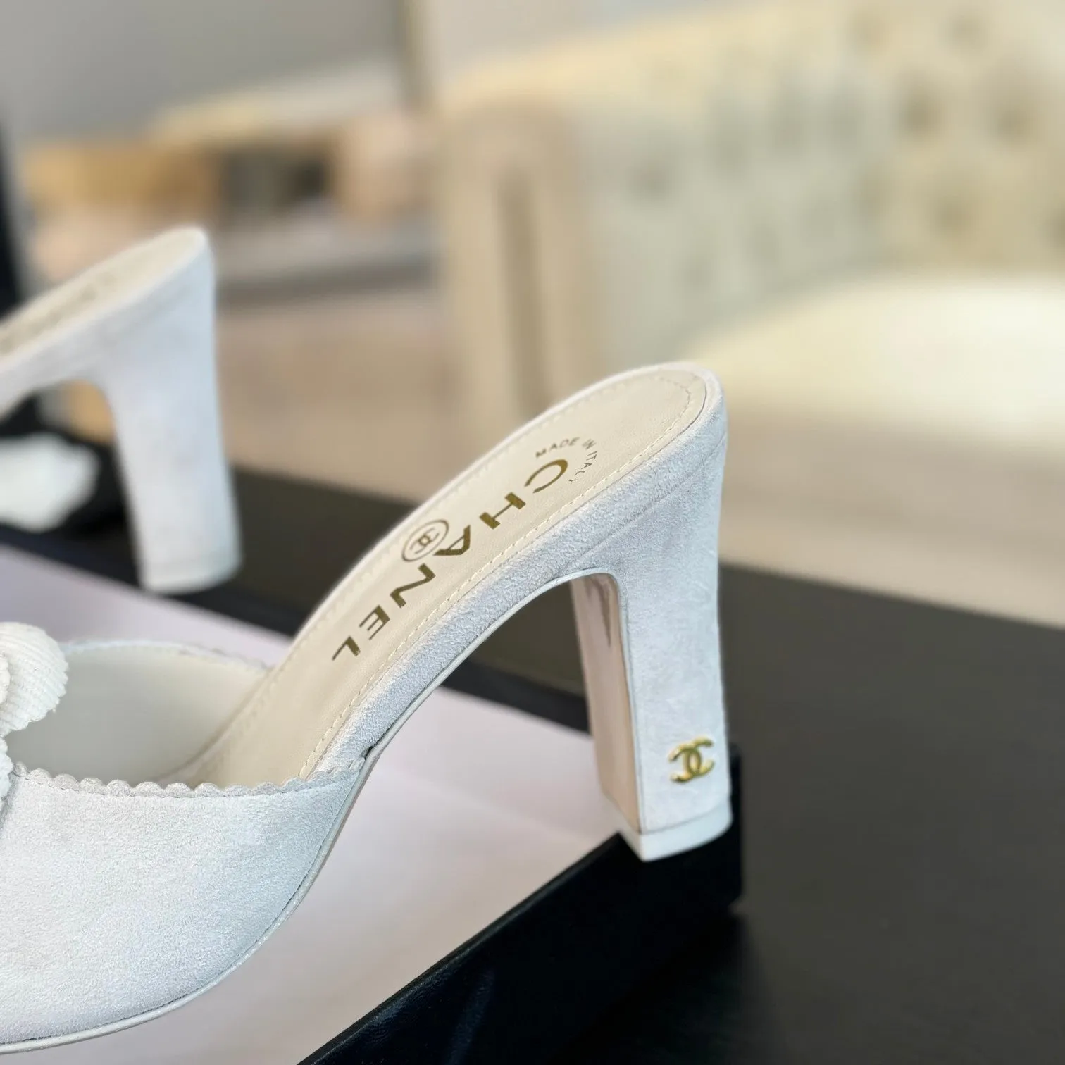 mule sandal flower high heel 80 white suede