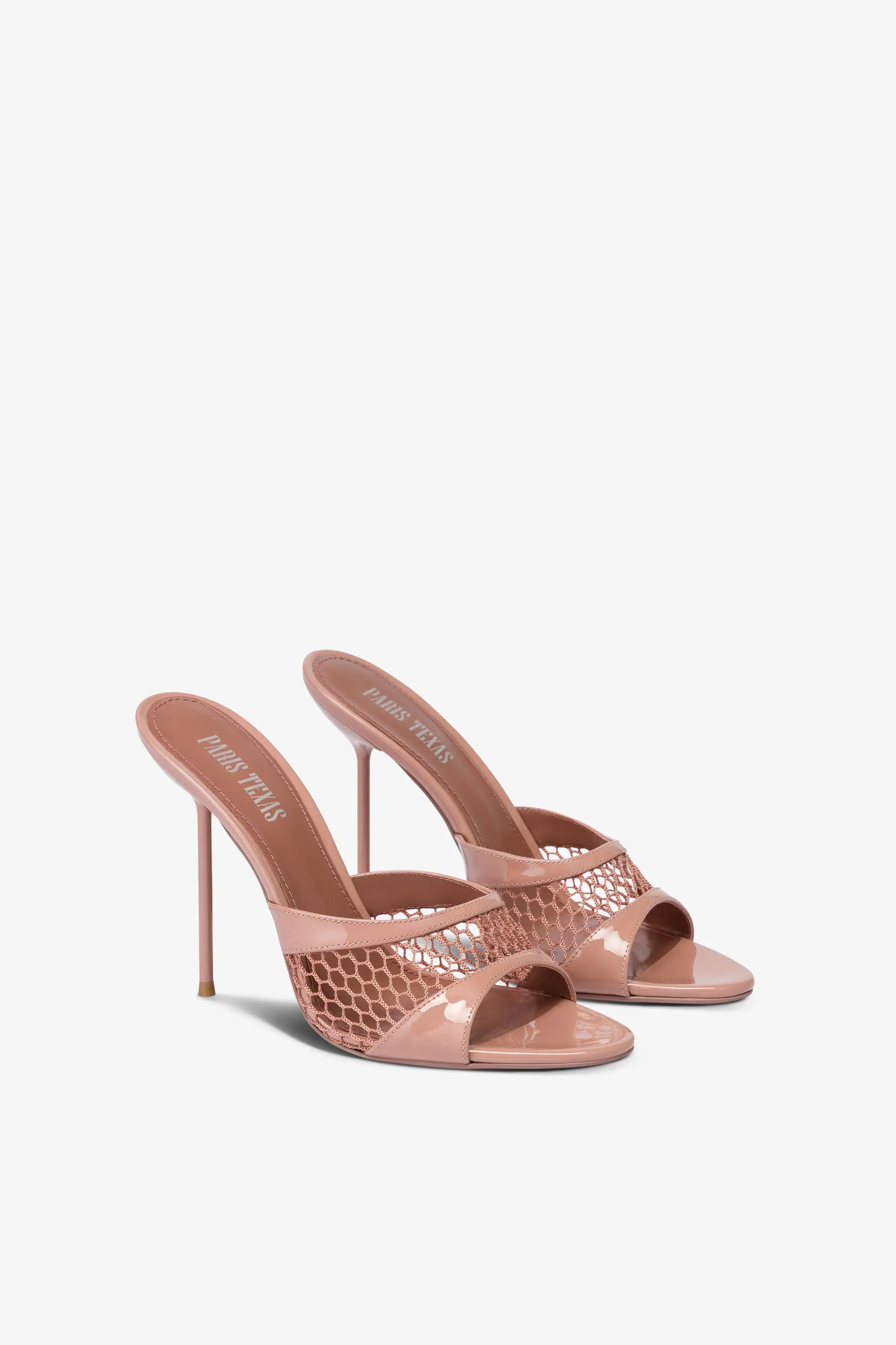 Mules in Texas rose and dark phard mesh and patent leather