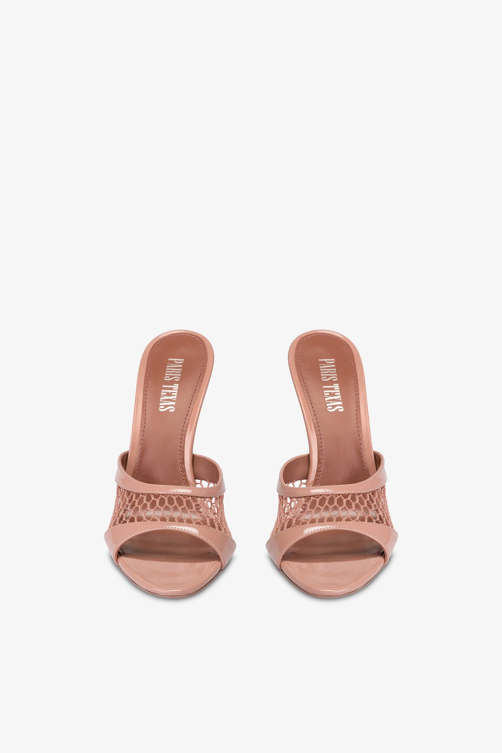 Mules in Texas rose and dark phard mesh and patent leather
