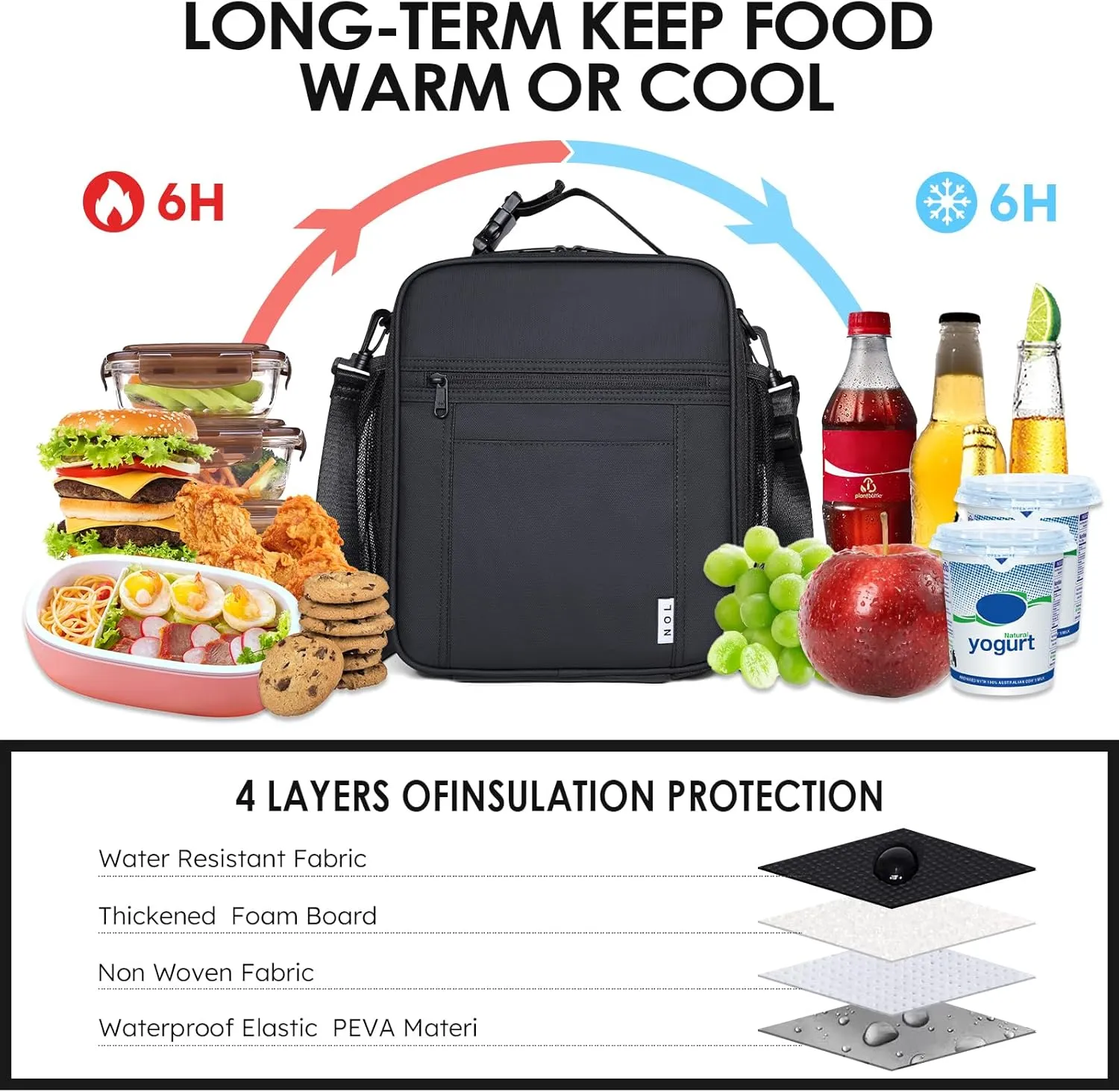 NOL Nylon Waterproof Kids Lunch Bag, Insulated Lunch Bag, Lunch box Cooler, Reusable, Zip Closure with Buckle Handle Holds Lunch Box, Snacks & Water Bottle for School Work,Black