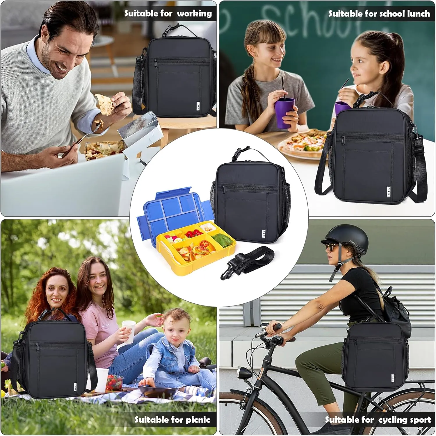 NOL Nylon Waterproof Kids Lunch Bag, Insulated Lunch Bag, Lunch box Cooler, Reusable, Zip Closure with Buckle Handle Holds Lunch Box, Snacks & Water Bottle for School Work,Black