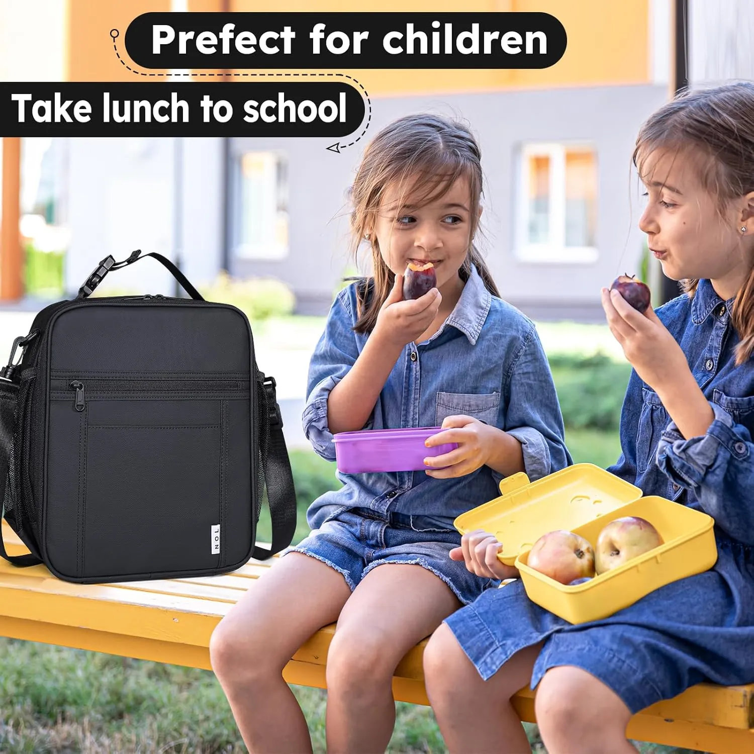 NOL Nylon Waterproof Kids Lunch Bag, Insulated Lunch Bag, Lunch box Cooler, Reusable, Zip Closure with Buckle Handle Holds Lunch Box, Snacks & Water Bottle for School Work,Black