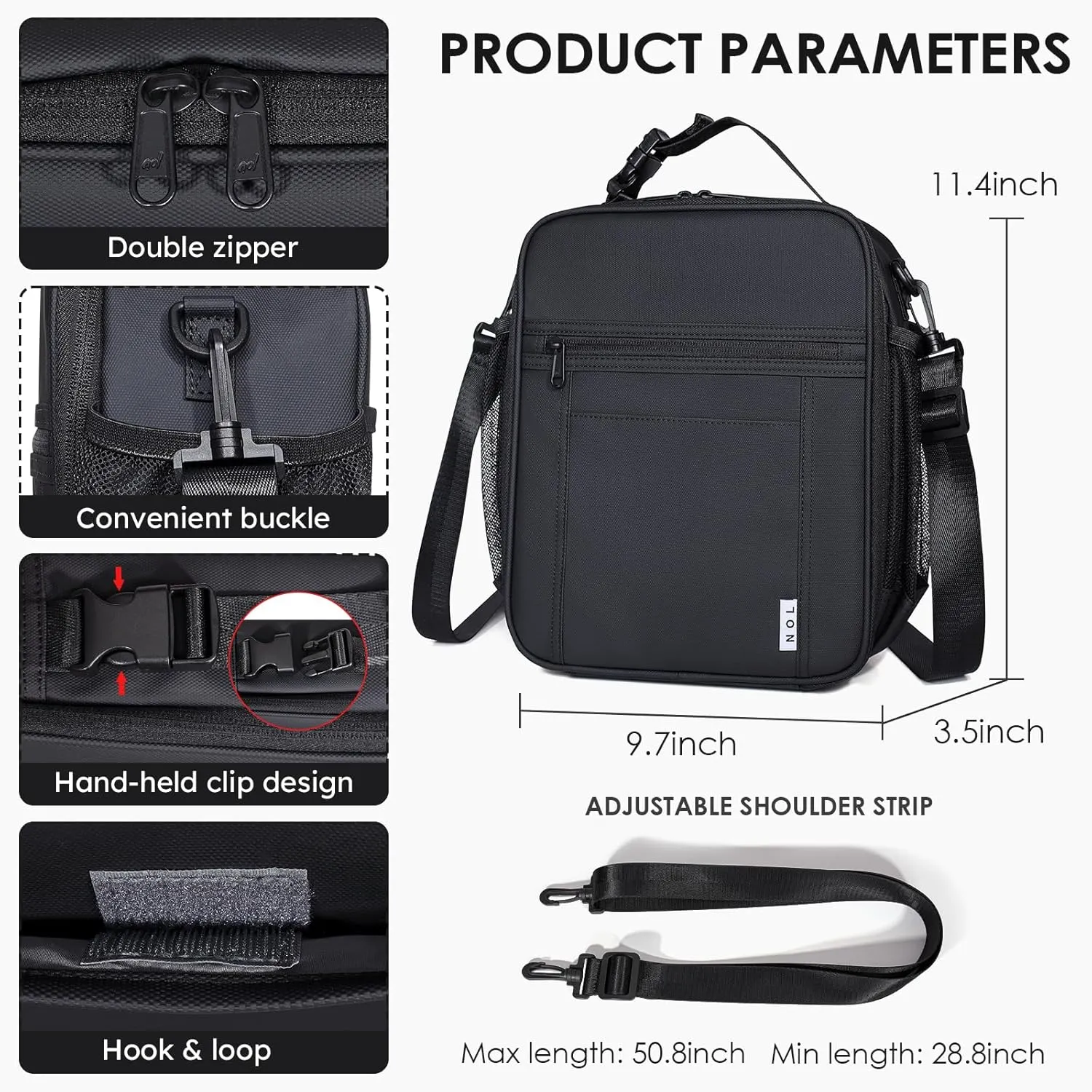 NOL Nylon Waterproof Kids Lunch Bag, Insulated Lunch Bag, Lunch box Cooler, Reusable, Zip Closure with Buckle Handle Holds Lunch Box, Snacks & Water Bottle for School Work,Black