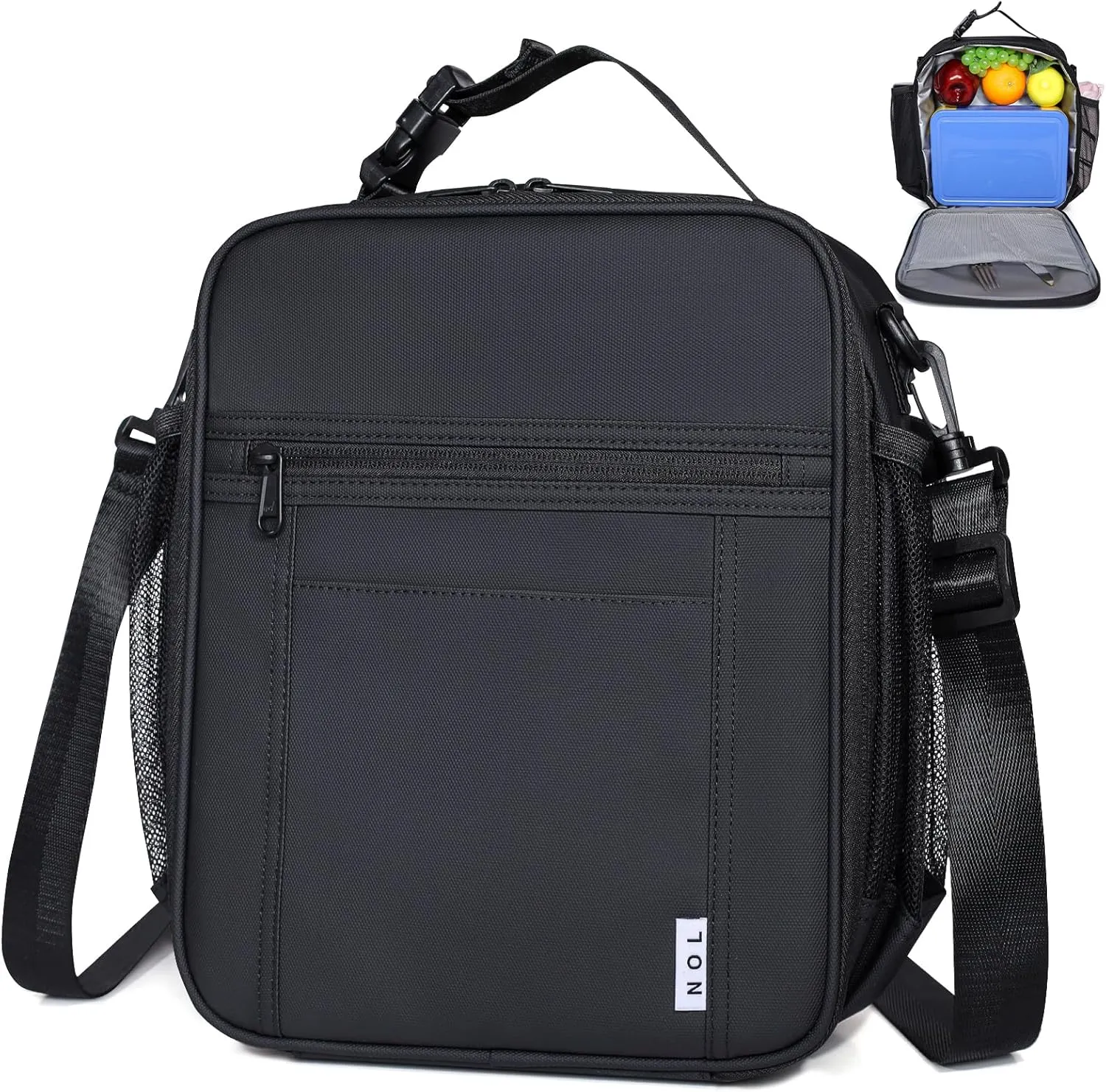 NOL Nylon Waterproof Kids Lunch Bag, Insulated Lunch Bag, Lunch box Cooler, Reusable, Zip Closure with Buckle Handle Holds Lunch Box, Snacks & Water Bottle for School Work,Black