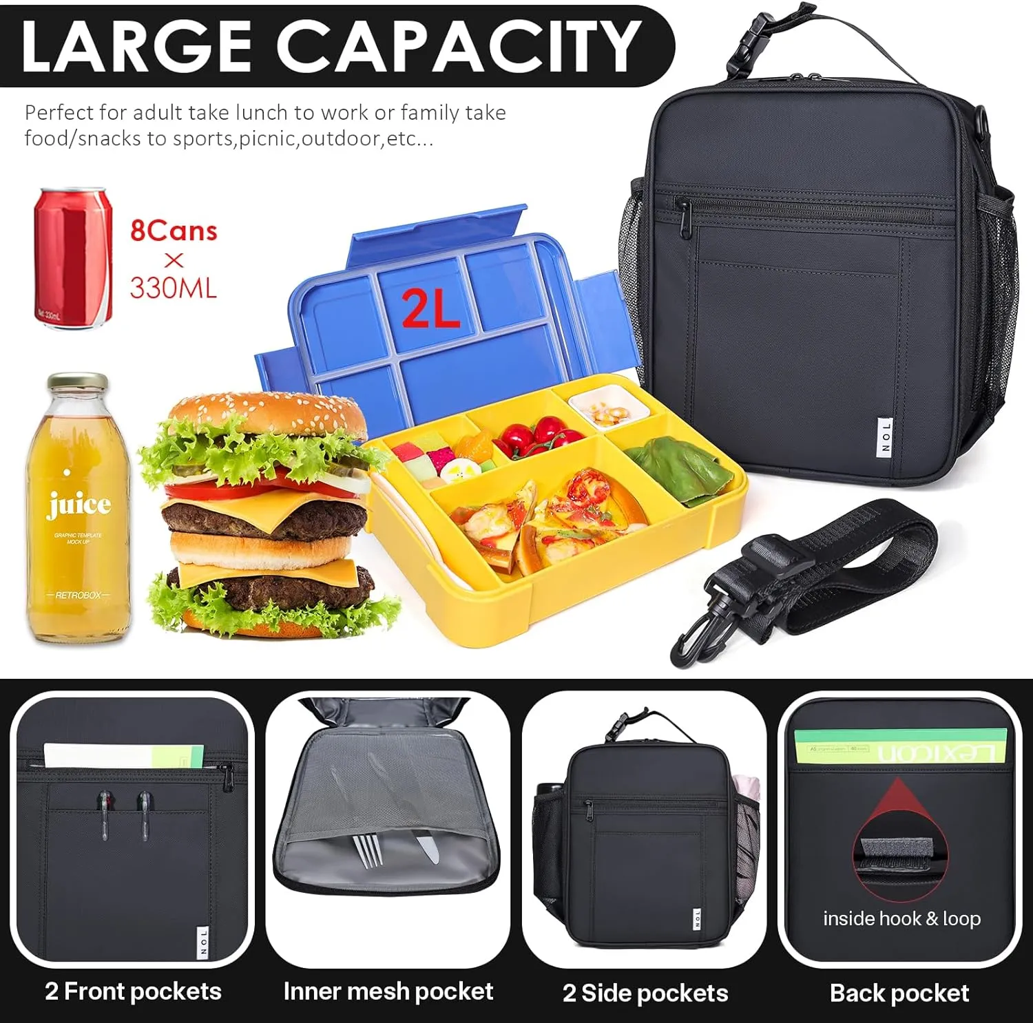 NOL Nylon Waterproof Kids Lunch Bag, Insulated Lunch Bag, Lunch box Cooler, Reusable, Zip Closure with Buckle Handle Holds Lunch Box, Snacks & Water Bottle for School Work,Black