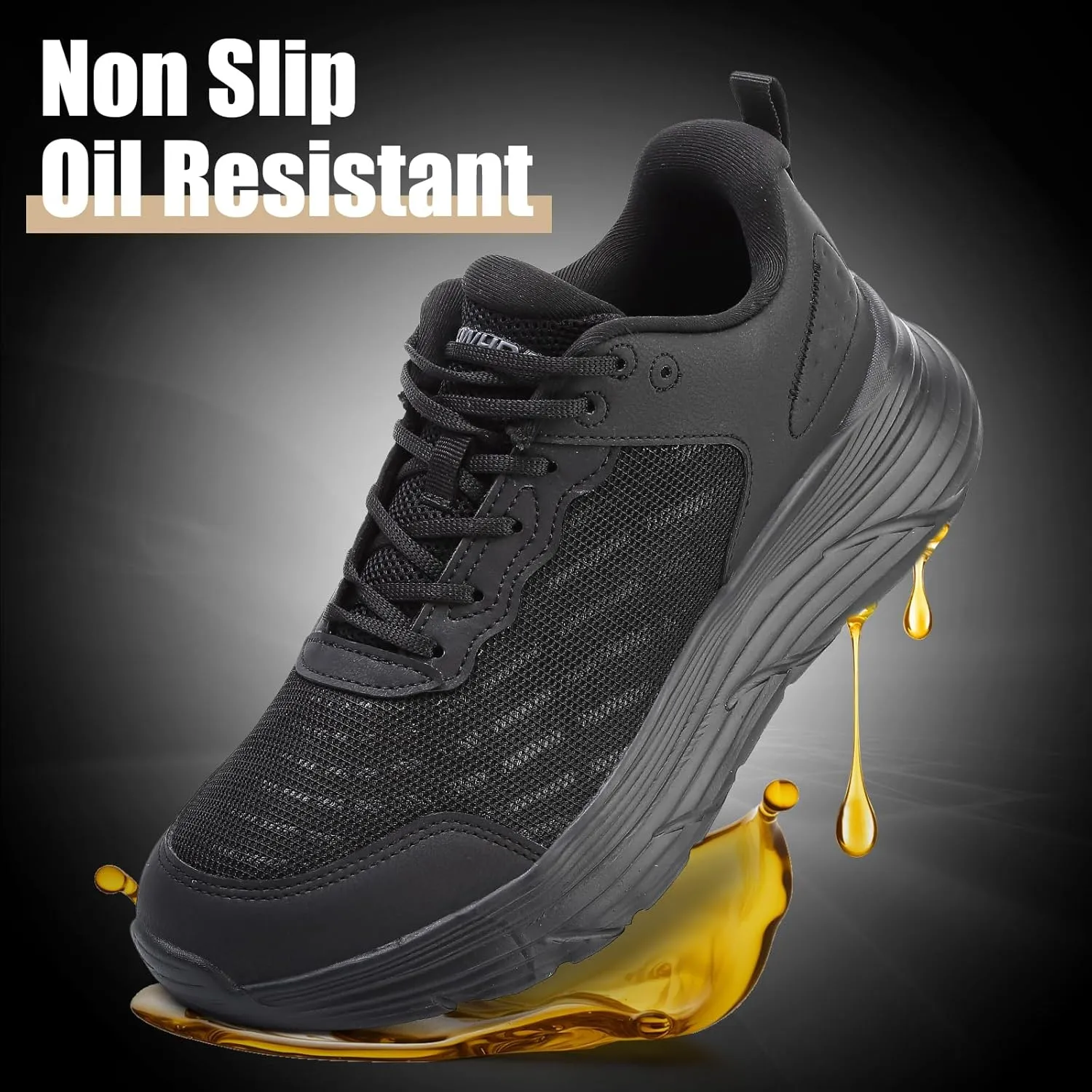 Non Slip Work Shoes for Men Chef Shoe Comfortable Breathable Oil Resistant Slip Resistant Food Service Sneaker for Kitchen, Restaurant, Waiters - Black