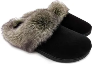 ofoot Womens Winter Warm Moccasins Suede Faux Fur Mule Slippers Furry House Shoes Memory Foam Hard Soled for Indoor Outdoor