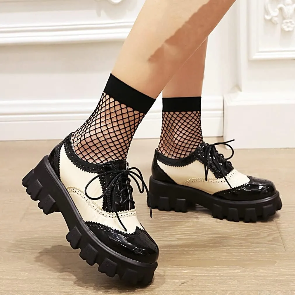 Parisuit Womens Lace Up Wingtip Chunky Oxford Shoes Patent Leather Platform Brogue Pumps