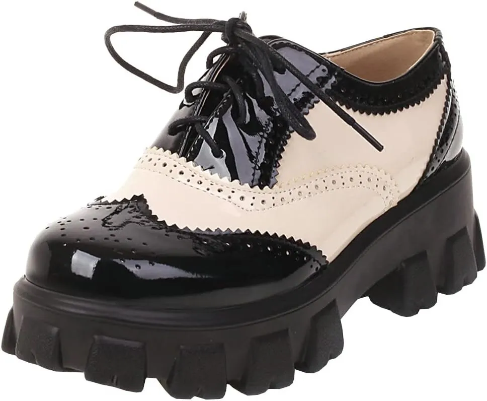 Parisuit Womens Lace Up Wingtip Chunky Oxford Shoes Patent Leather Platform Brogue Pumps