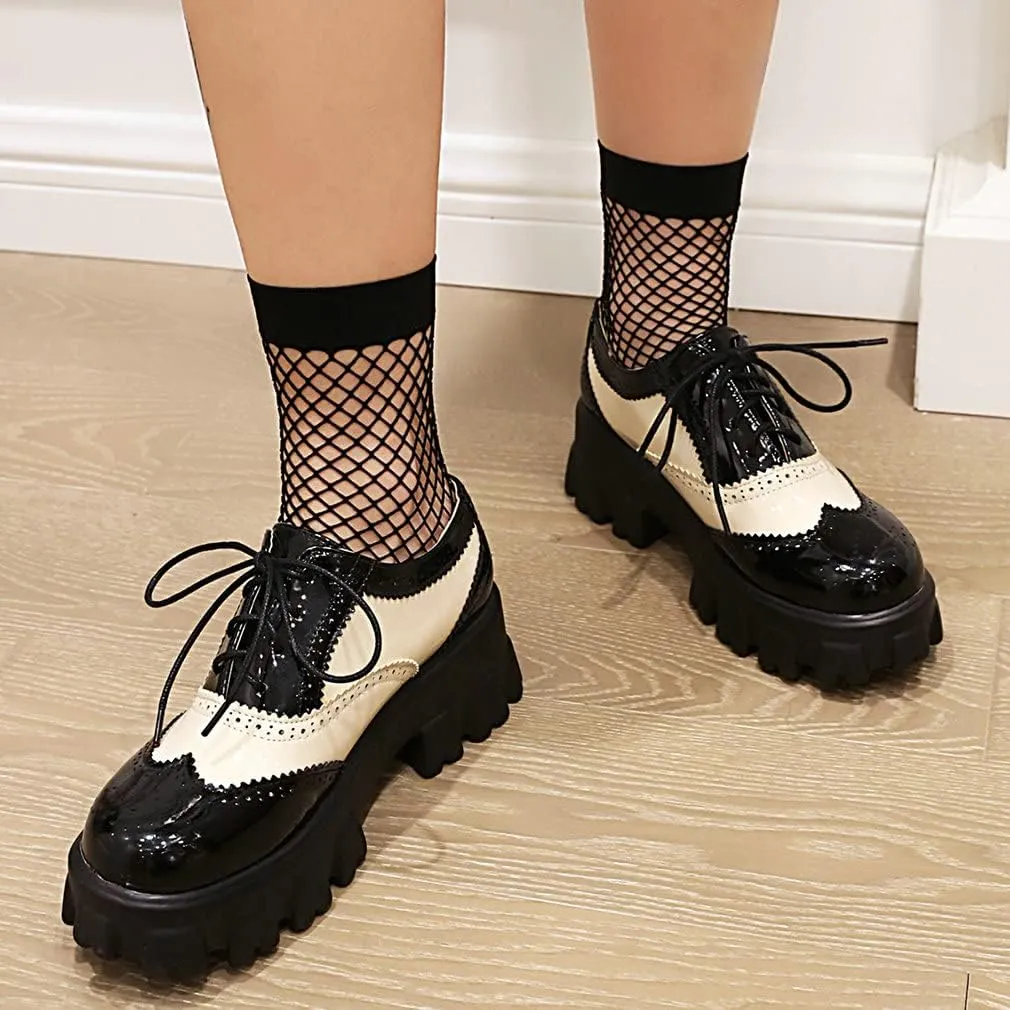 Parisuit Womens Lace Up Wingtip Chunky Oxford Shoes Patent Leather Platform Brogue Pumps