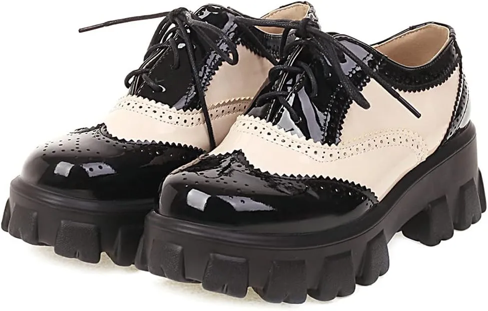 Parisuit Womens Lace Up Wingtip Chunky Oxford Shoes Patent Leather Platform Brogue Pumps