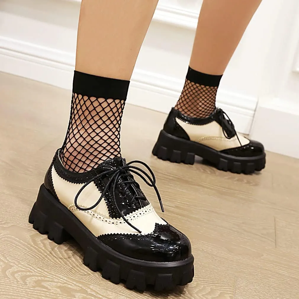 Parisuit Womens Lace Up Wingtip Chunky Oxford Shoes Patent Leather Platform Brogue Pumps