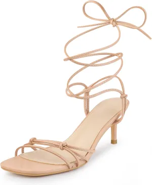 Perphy Strappy Kitten Heel Lace Up Square Toe Strappy Heels Sandals for Women
