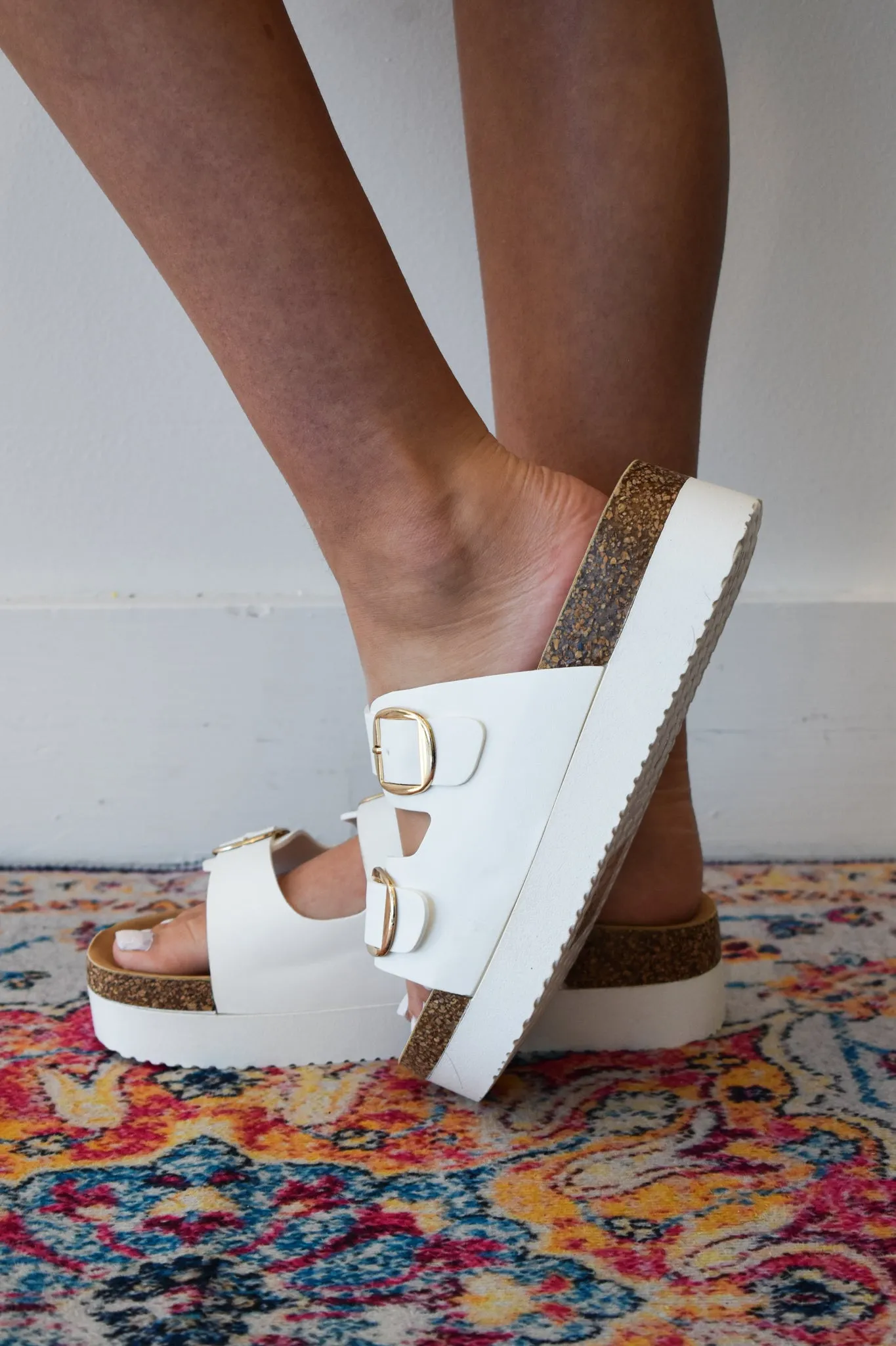 Platform Double Buckle Sandal- White