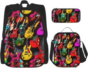 Premium Colorful Guitar Print 3-in-1 Backpack Set with Lunch Bag & Pencil Case Portable Bag Set