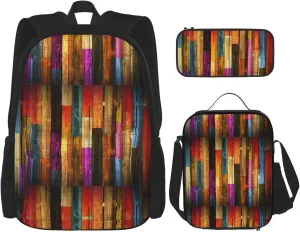 Premium Colorful Painted Wood Print 3-in-1 Backpack Set with Lunch Bag & Pencil Case Portable Bag Set