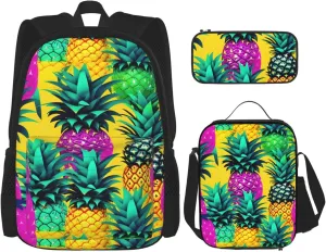 Premium Colorful Pineapple Print 3-in-1 Backpack Set with Lunch Bag & Pencil Case Portable Bag Set