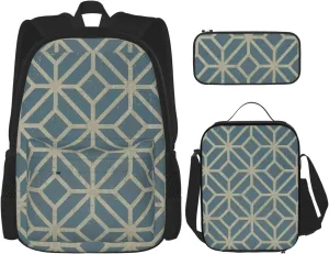 Premium coral coloured patterns Print 3-in-1 Backpack Set with Lunch Bag & Pencil Case Portable Bag Set