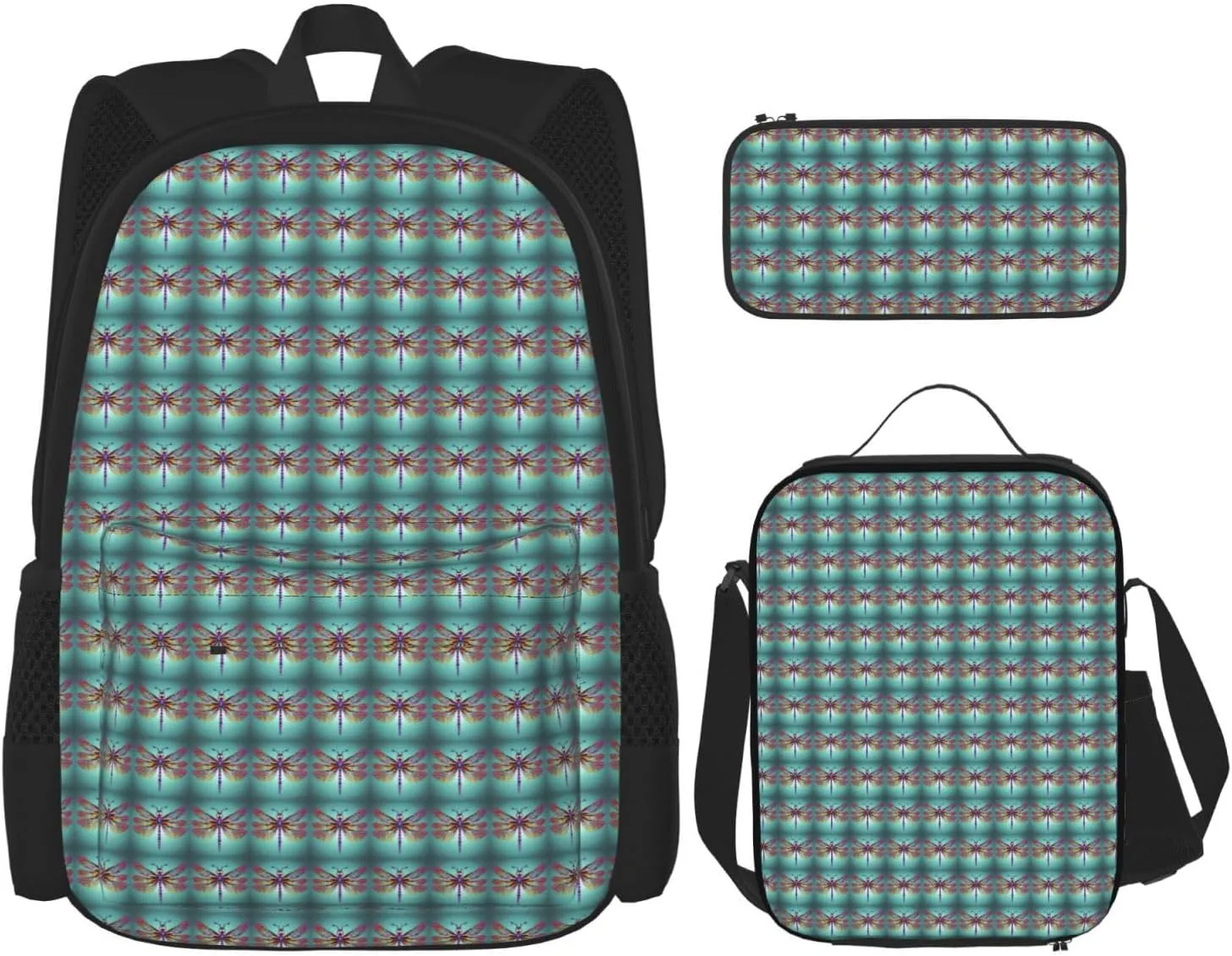 Premium Cute Dragonfly pattern Print 3-in-1 Backpack Set with Lunch Bag & Pencil Case Portable Bag Set