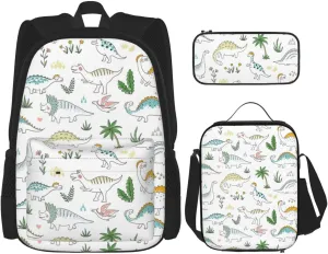 Premium Dinosaur Walking Print 3-in-1 Backpack Set with Lunch Bag & Pencil Case Portable Bag Set