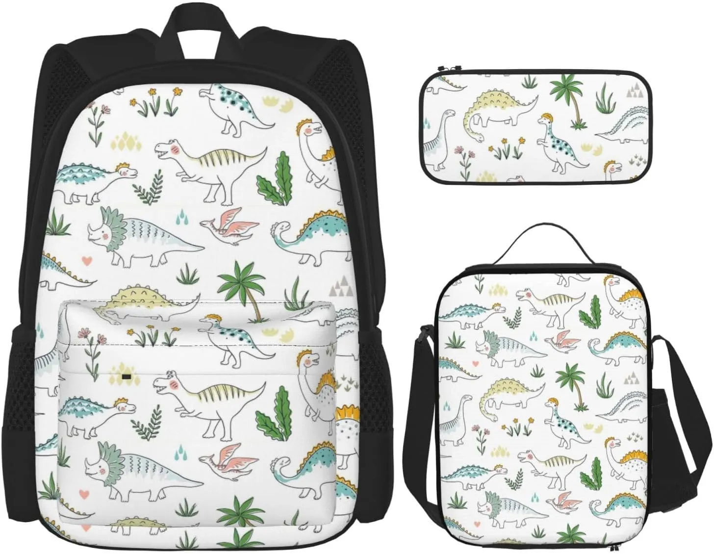Premium Dinosaur Walking Print 3-in-1 Backpack Set with Lunch Bag & Pencil Case Portable Bag Set