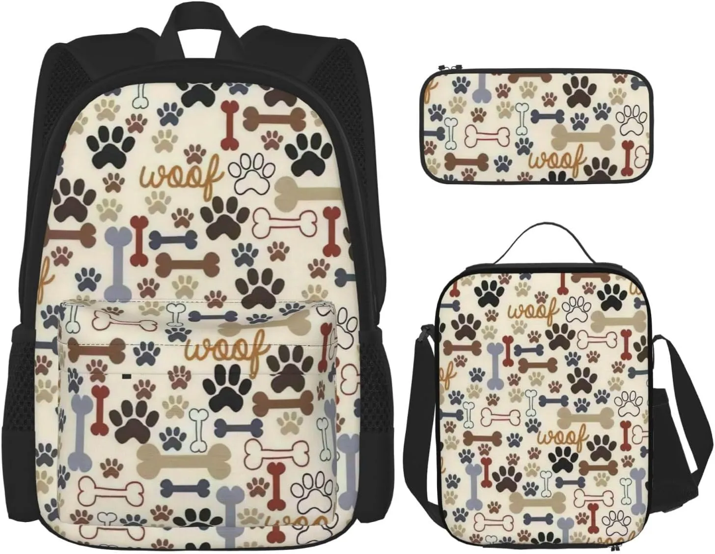 Premium Dog Bones Paw Print 3-in-1 Backpack Set with Lunch Bag & Pencil Case Portable Bag Set