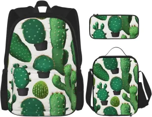 Premium Green Cactus Print 3-in-1 Backpack Set with Lunch Bag & Pencil Case Portable Bag Set