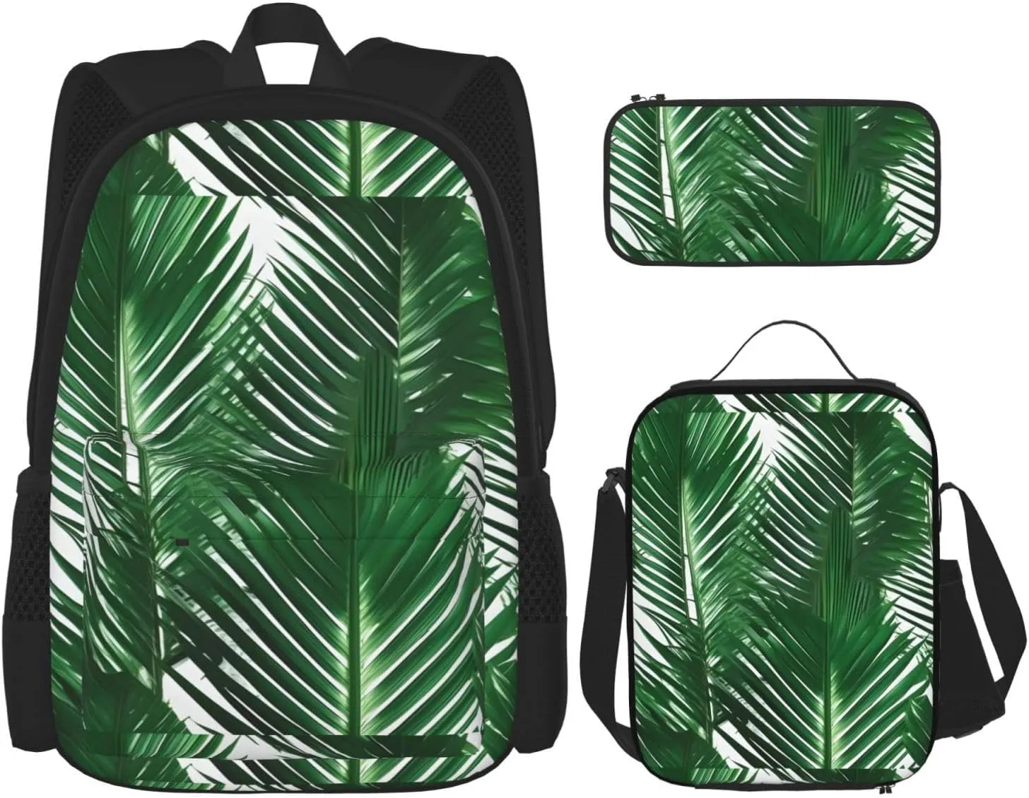 Premium Green Palm Leaf Print 3-in-1 Backpack Set with Lunch Bag & Pencil Case Portable Bag Set