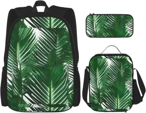 Premium Green Palm Leaf Print 3-in-1 Backpack Set with Lunch Bag & Pencil Case Portable Bag Set