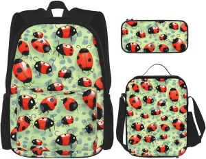 Premium Ladybugs Cartoon Print 3-in-1 Backpack Set with Lunch Bag & Pencil Case Portable Bag Set