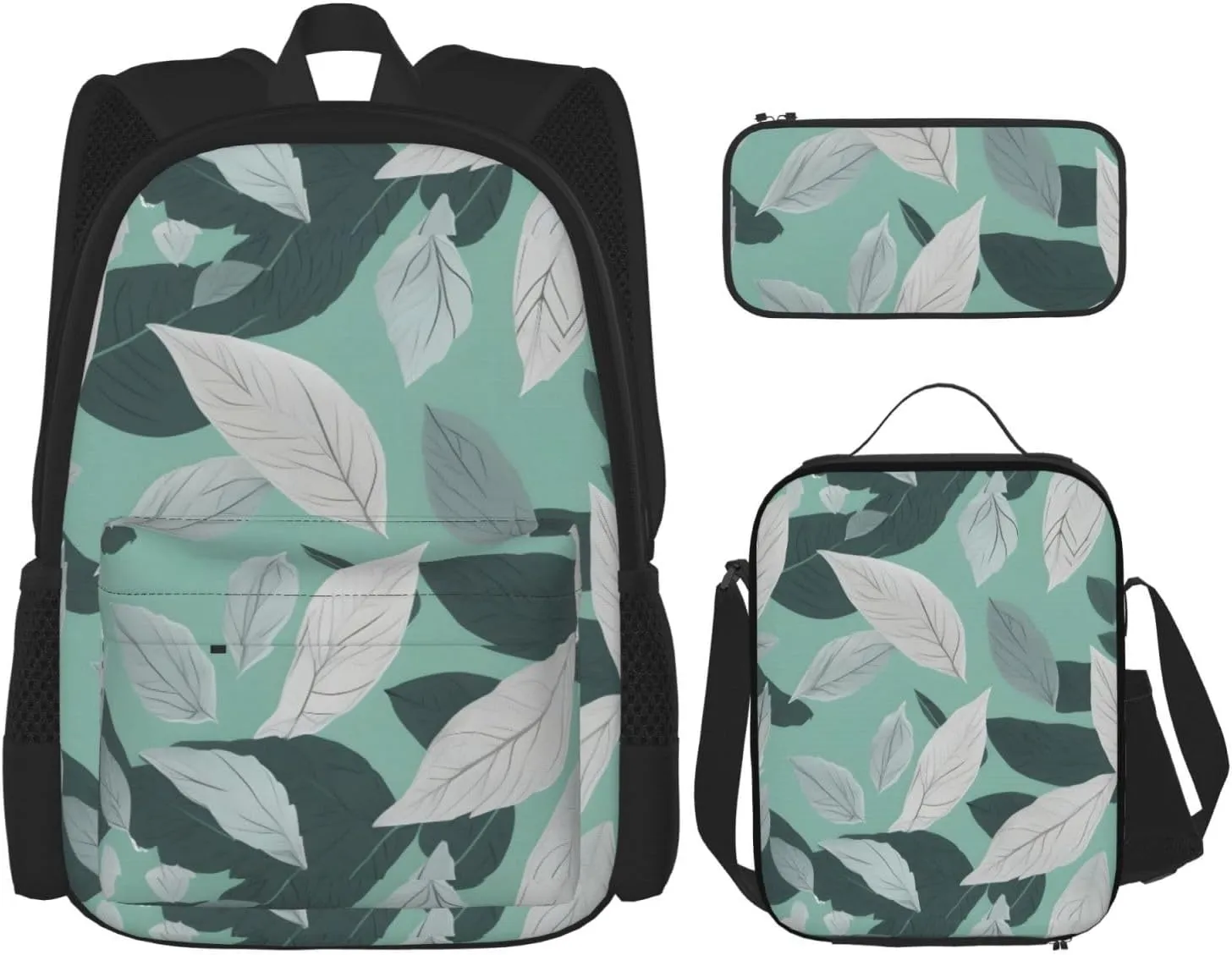 Premium Mint Gray Leaves Print 3-in-1 Backpack Set with Lunch Bag & Pencil Case Portable Bag Set