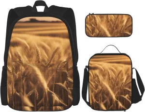 Premium Wheat Field Print 3-in-1 Backpack Set with Lunch Bag & Pencil Case Portable Bag Set