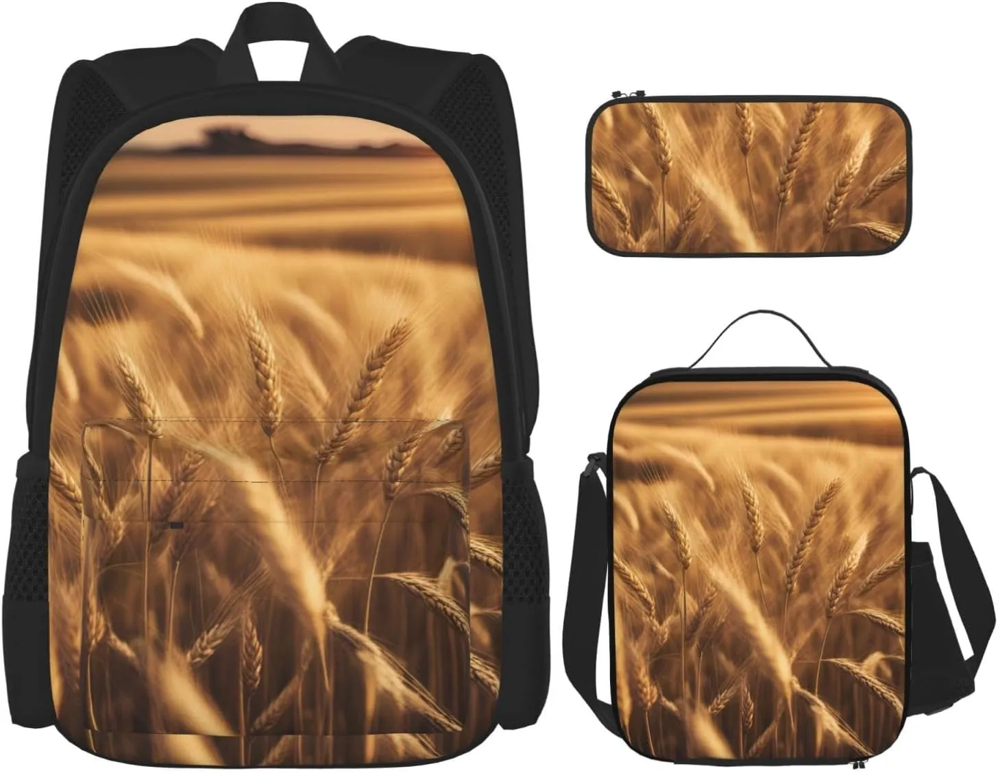 Premium Wheat Field Print 3-in-1 Backpack Set with Lunch Bag & Pencil Case Portable Bag Set