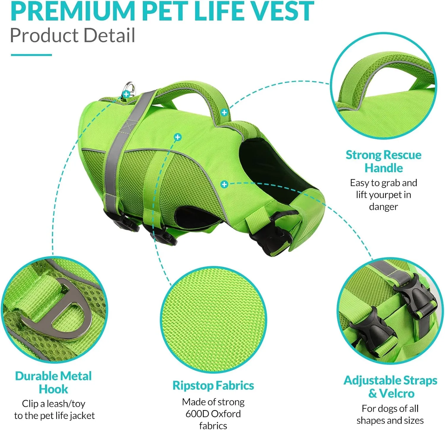Queenmore Adjustable Ripstop Dog Life Vest for Swimming & Boating, Lifesaver with Superior Buoyancy & Rescue Handle, Green, M