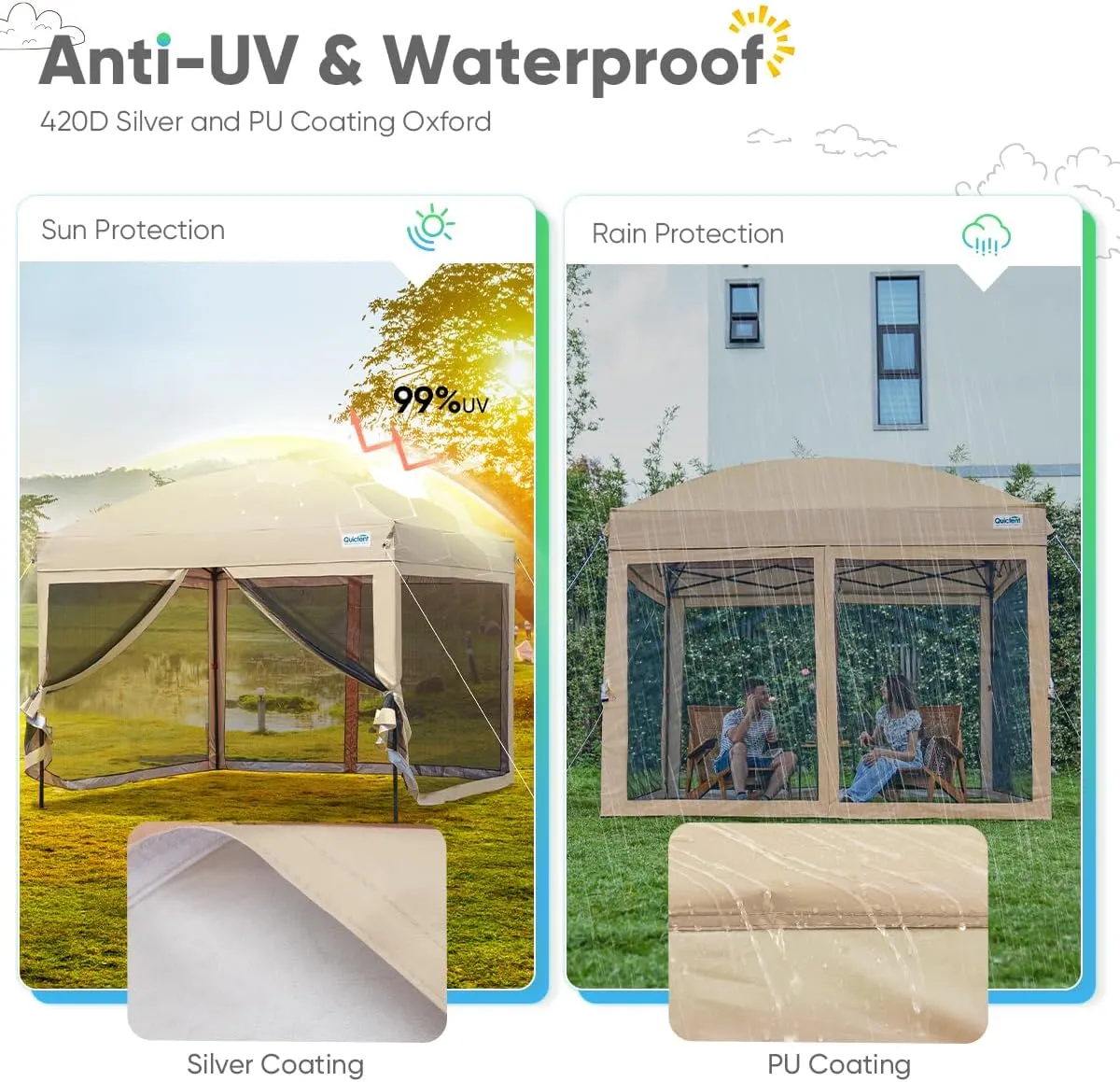 Quictent 10’x10’ Pop up Canopy Tent with Netting, One Person Instant Setup Screen House Room Tent Screened- 2 Magnetic Doors Waterproof (Tan)