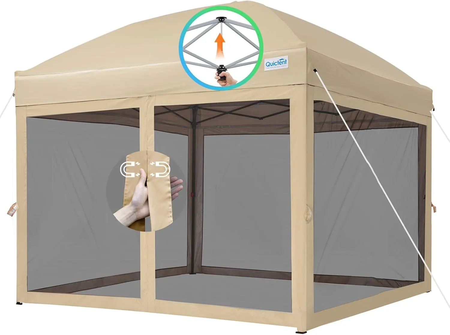 Quictent 10’x10’ Pop up Canopy Tent with Netting, One Person Instant Setup Screen House Room Tent Screened- 2 Magnetic Doors Waterproof (Tan)
