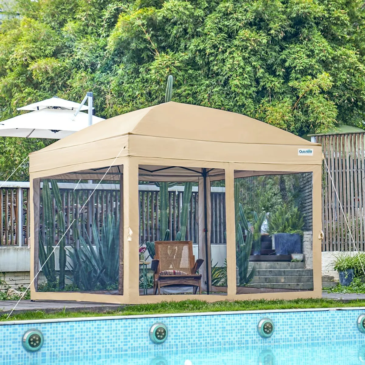 Quictent 10’x10’ Pop up Canopy Tent with Netting, One Person Instant Setup Screen House Room Tent Screened- 2 Magnetic Doors Waterproof (Tan)