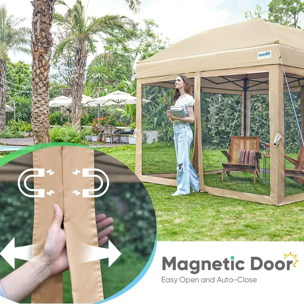 Quictent 10’x10’ Pop up Canopy Tent with Netting, One Person Instant Setup Screen House Room Tent Screened- 2 Magnetic Doors Waterproof (Tan)