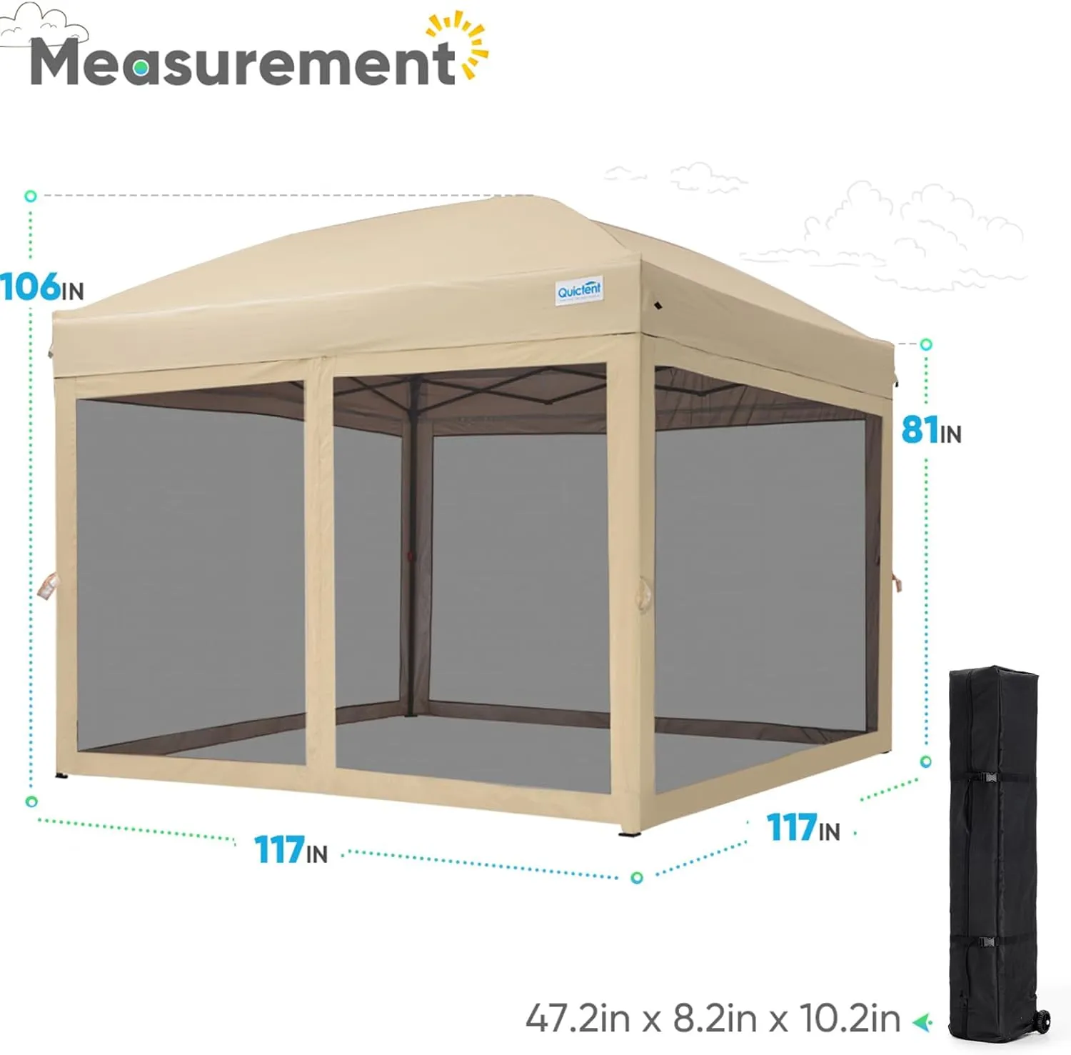 Quictent 10’x10’ Pop up Canopy Tent with Netting, One Person Instant Setup Screen House Room Tent Screened- 2 Magnetic Doors Waterproof (Tan)